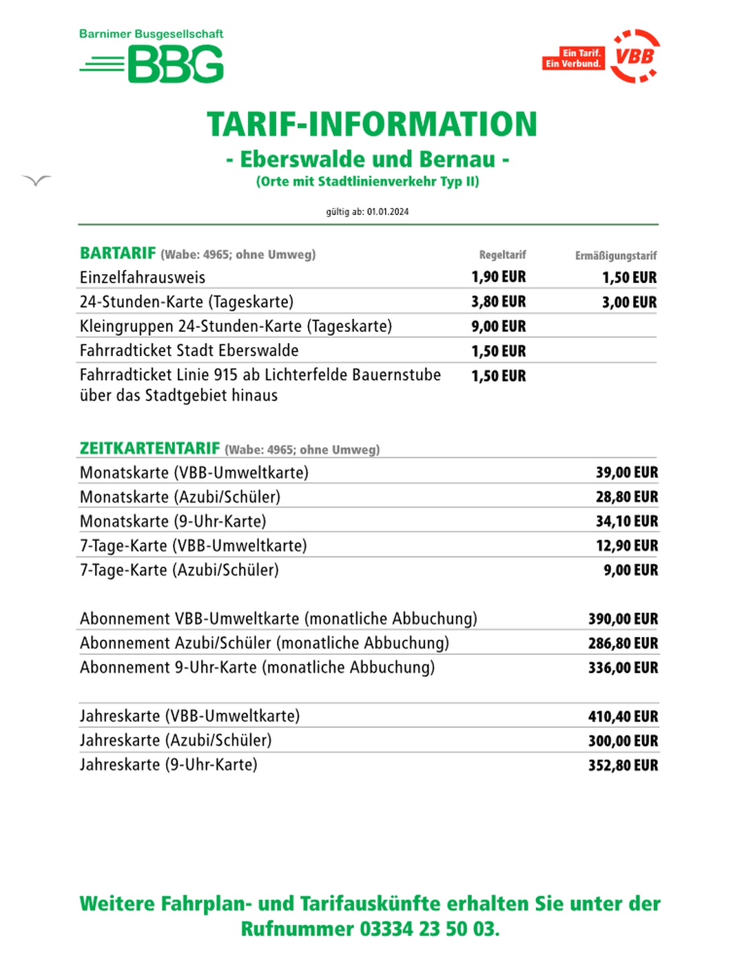 Tarif-Information gültig ab 01.01.2024
