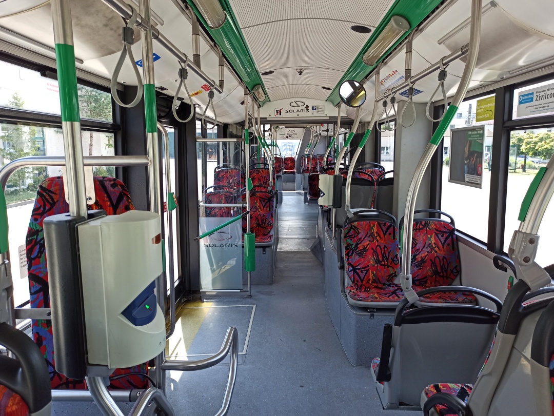 Articulated trolleybus no. 052 of the Polish type Solaris Trollino 18 AC - front interior view