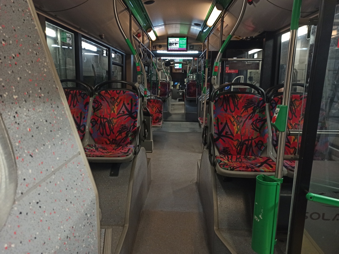 Articulated trolleybus no. 058 of the Polish type Solaris Trollino 18 III Cegelec AC - back interior view