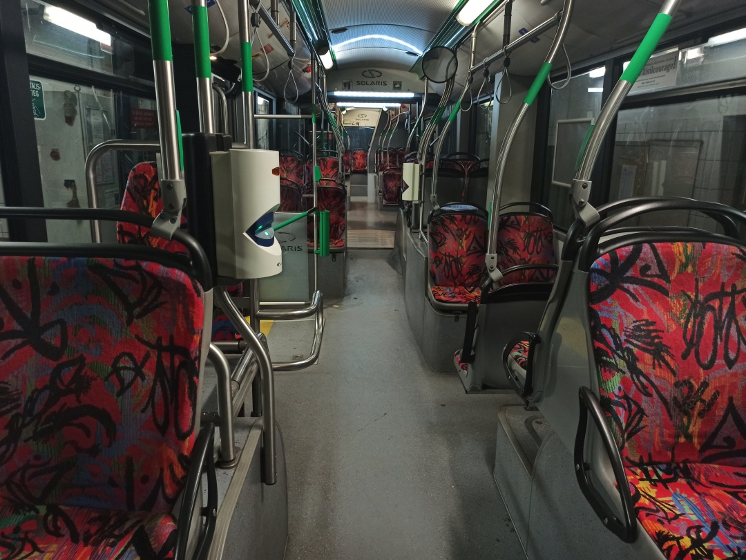 Articulated trolleybus no. 058 of the Polish type Solaris Trollino 18 III Cegelec AC - front interior view