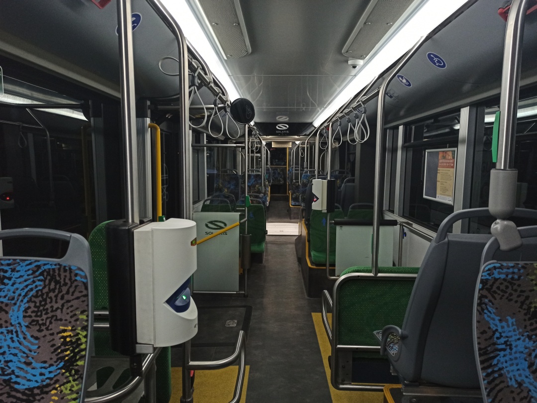 Articulated trolleybus no. 065 of the Polish type Solaris Trollino 18 IV Kiepe IMC - front interior view