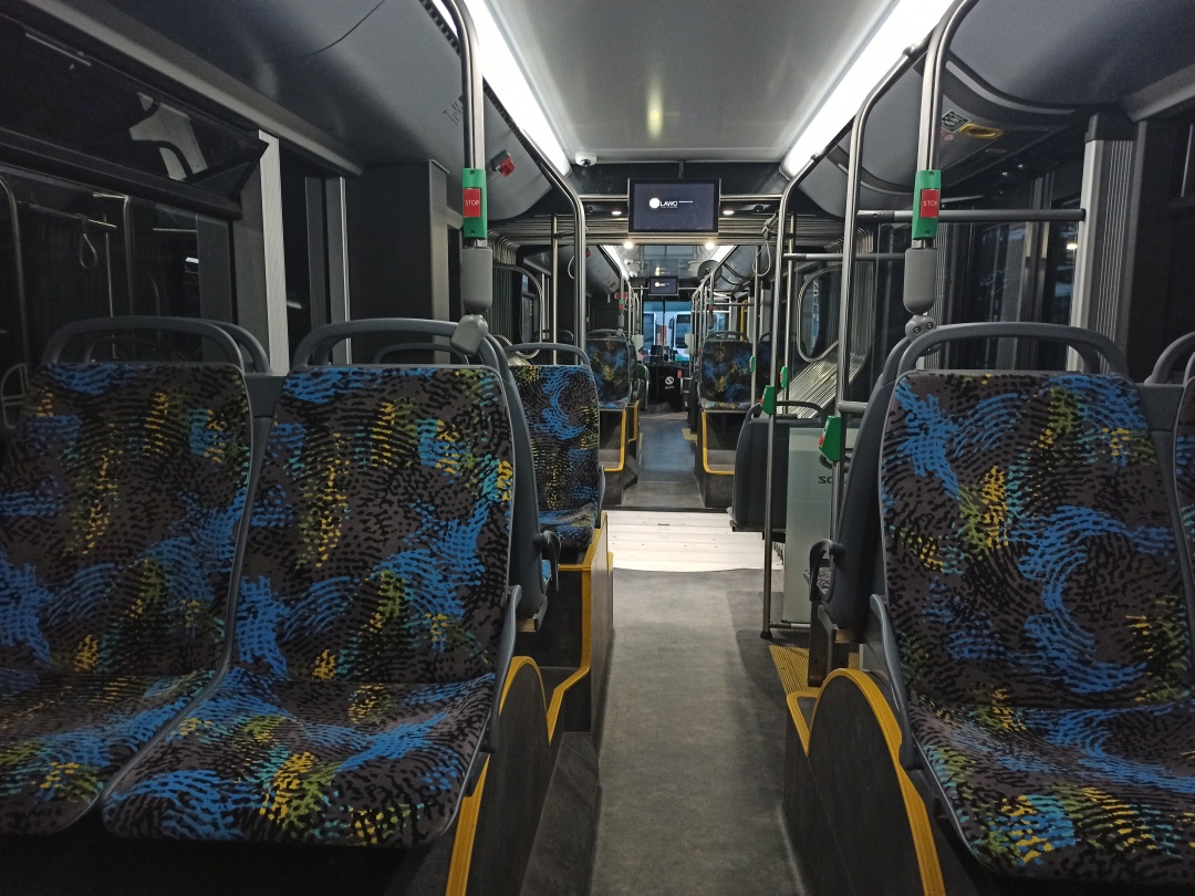 Articulated trolleybus no. 065 of the Polish type Solaris Trollino 18 IV Kiepe IMC - back interior view